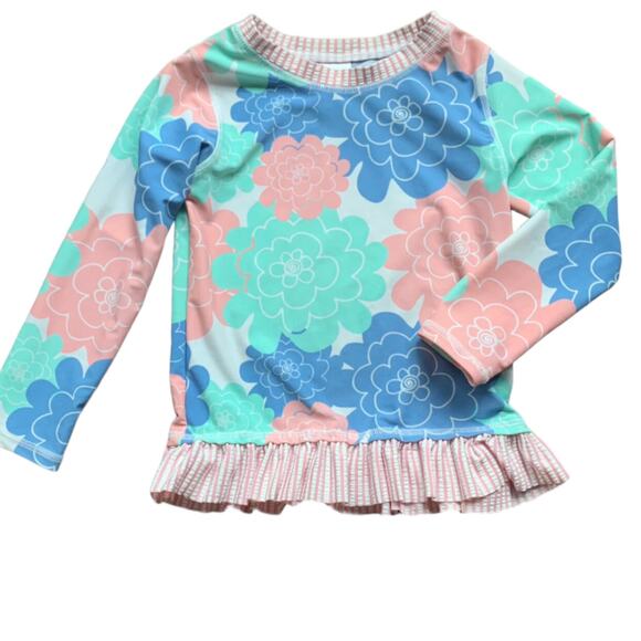 RuffleButts 🌸 Flower + Seersucker Ruffle Trim Rashguard - Picture 4 of 4